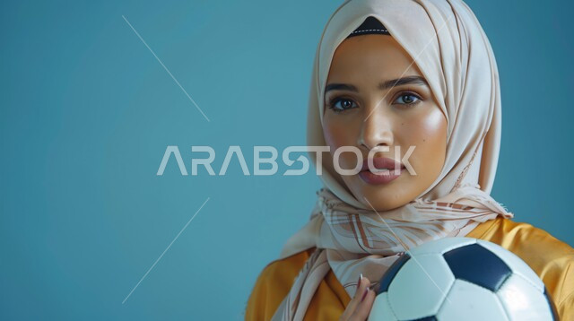 مفهوم الرياضة والصحة، الاهتمام بالأناقة والمظهر الخارجي، بورتريه مقرب لإمرأة عربية خليجية سعودية  ترتدي حجاب وعباءة  تنظر الى الكاميرا بتعابير السرور وتحمل بيدها كرة، إيماءات الثقة بالنفس, خلفية زرقاء