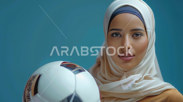 The concept of sports and health, interest in elegance and external appearance, a close-up portrait of a Saudi Gulf Arab woman wearing a hijab and abaya, looking at the camera with expressions of pleasure and holding a ball in her hand, gestures of self-confidence, blue background