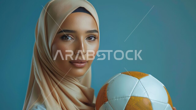 The concept of sports and health, interest in elegance and external appearance, a close-up portrait of a Saudi Gulf Arab woman wearing a hijab and abaya, looking at the camera with expressions of pleasure and holding a ball in her hand, gestures of self-confidence, blue background