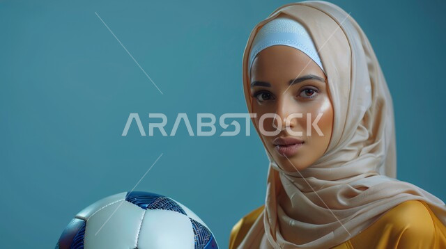 The concept of sports and health, interest in elegance and external appearance, a close-up portrait of a Saudi Gulf Arab woman wearing a hijab and abaya, looking at the camera with expressions of pleasure and holding a ball in her hand, gestures of self-confidence, blue background