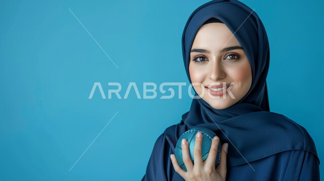 مفهوم الرياضة والصحة، الاهتمام بالأناقة والمظهر الخارجي، بورتريه مقرب لإمرأة عربية خليجية سعودية  ترتدي حجاب وعباءة  تنظر الى الكاميرا بتعابير السرور وتحمل بيدها كرة، إيماءات الثقة بالنفس, خلفية زرقاء