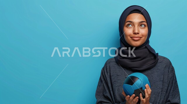 The concept of sports and health, interest in elegance and external appearance, a close-up portrait of a Saudi Gulf Arab woman wearing a hijab and abaya, looking at the camera with expressions of pleasure and holding a ball in her hand, gestures of self-confidence, blue background