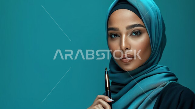 The concept of softness and femininity, attention to elegance and external appearance, a close-up portrait of a Saudi Gulf Arab woman wearing a hijab and abaya, looking at the camera with expressions of pleasure and holding a fountain pen in her hand, gestures of self-confidence, blue background