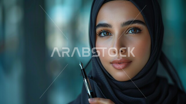 The concept of softness and femininity, attention to elegance and external appearance, a close-up portrait of a Saudi Gulf Arab woman wearing a hijab and abaya, looking at the camera with expressions of pleasure and holding a fountain pen in her hand, gestures of self-confidence, blue background