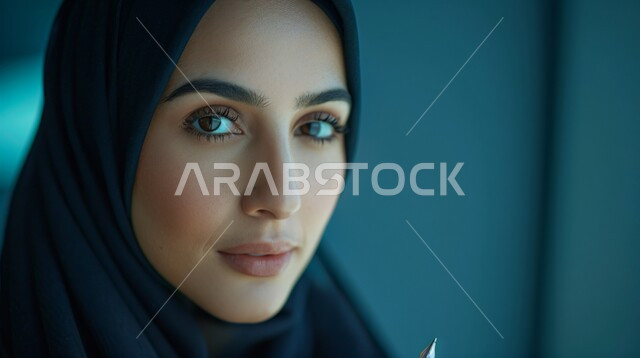 The concept of softness and femininity, attention to elegance and external appearance, a close-up portrait of a Saudi Gulf Arab woman wearing a hijab and abaya, looking at the camera with expressions of pleasure and holding a fountain pen in her hand, gestures of self-confidence, blue background