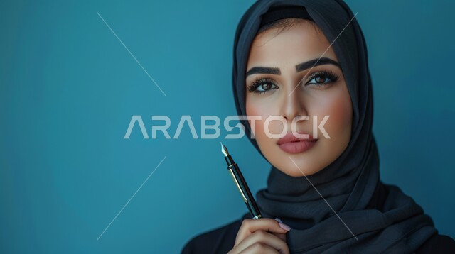 The concept of softness and femininity, attention to elegance and external appearance, a close-up portrait of a Saudi Gulf Arab woman wearing a hijab and abaya, looking at the camera with expressions of pleasure and holding a fountain pen in her hand, gestures of self-confidence, blue background