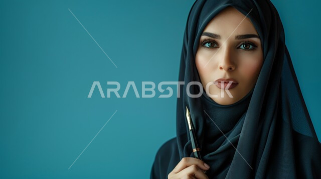 The concept of softness and femininity, attention to elegance and external appearance, a close-up portrait of a Saudi Gulf Arab woman wearing a hijab and abaya, looking at the camera with expressions of pleasure and holding a fountain pen in her hand, gestures of self-confidence, blue background