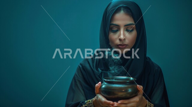مفهوم النعومة والانوثة، الاهتمام بالأناقة والمظهر الخارجي، بورتريه مقرب لإمرأة عربية خليجية سعودية  ترتدي حجاب وعباءة  تنظر الى طبق طعام ساخن بتعابير الحيطة والحذر، إيماءات الثقة بالنفس, خلفية زرقاء