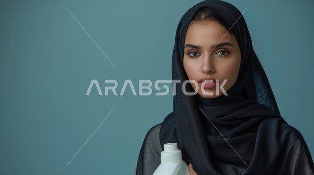 The concept of perfuming and anointing with perfumes and oud, attention to elegance and external appearance, a close-up portrait of a Saudi Gulf Arab woman wearing a hijab and abaya, looking at the camera with expressions of pleasure and holding a perfume bottle in her hand, gestures of self-confidence, blue background