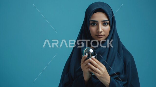 مفهوم التعطر والتطيب بالعطور والعود، الاهتمام بالأناقة والمظهر الخارجي، بورتريه مقرب لإمرأة عربية خليجية سعودية ترتدي حجاب وعباءة تنظر الى الكاميرا بتعابير السرور وتحمل بيدها زجاجة عطر، إيماءات الثقة بالنفس, خلفية زرقاء