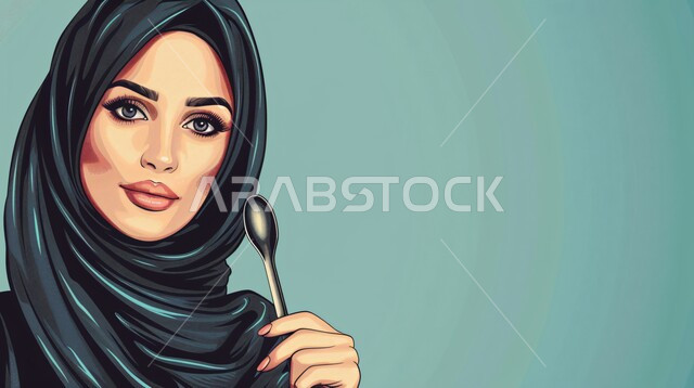 The concept of softness and femininity, concern for elegance and external appearance, an illustration of a Saudi Gulf Arab woman wearing a hijab and abaya and holding a spoon in her hand, gestures of self-confidence, blue background