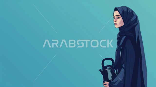 مفهوم النعومة والانوثة، الاهتمام بالأناقة والمظهر الخارجي، رسم توضيحي من الجانب لإمرأة عربية خليجية سعودية  ترتدي حجاب وعباءة, إيماءات الثقة بالنفس, خلفية زرقاء