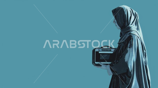The concept of softness and femininity, concern for elegance and external appearance, an illustration from the side of a Saudi Gulf Arab woman wearing a hijab and abaya, gestures of self-confidence, blue background