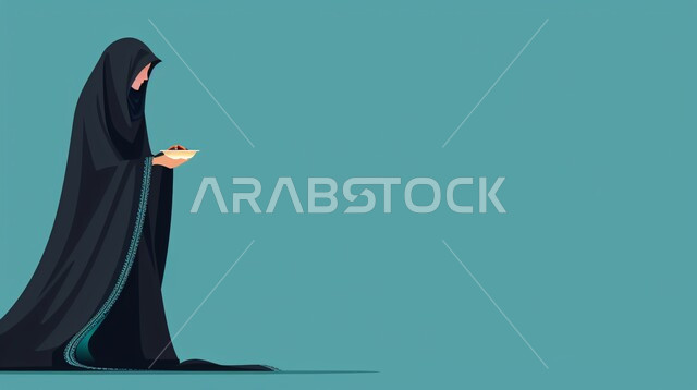 مفهوم النعومة والانوثة، الاهتمام بالأناقة والمظهر الخارجي، رسم توضيحي من الجانب لإمرأة عربية خليجية سعودية  ترتدي حجاب وعباءة, إيماءات الثقة بالنفس, خلفية زرقاء