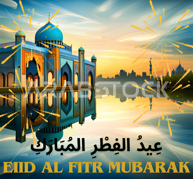 مخطوطة عيد الفطر المبارك باللغتين العربية والانكليزية، التهنئة بالمناسبات والأعياد الدينية الإسلامية, قوالب وتصاميم متميزة، مجسم ثلاثي الأبعاد لمسجد مبني على الطراز العربي الإسلامي، المرفقعات النارية للاحتفال بقدوم العيد
