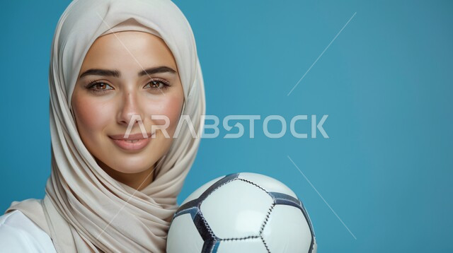 The concept of sports and health, interest in elegance and external appearance, a close-up portrait of a Saudi Gulf Arab woman wearing a hijab and abaya, looking at the camera with expressions of pleasure and holding a ball in her hand, gestures of self-confidence, blue background