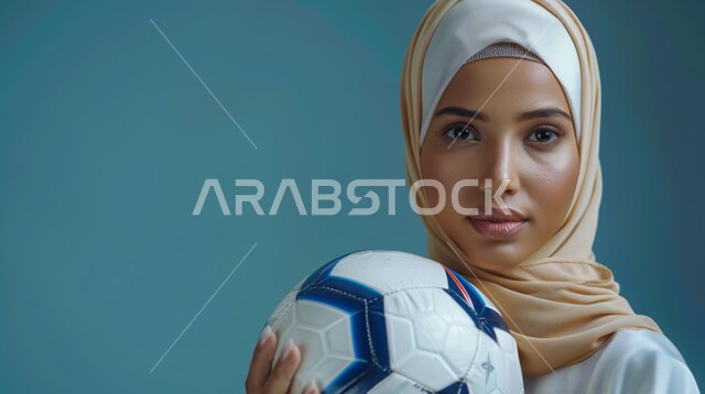 The concept of sports and health, interest in elegance and external appearance, a close-up portrait of a Saudi Gulf Arab woman wearing a hijab and abaya, looking at the camera with expressions of pleasure and holding a ball in her hand, gestures of self-confidence, blue background