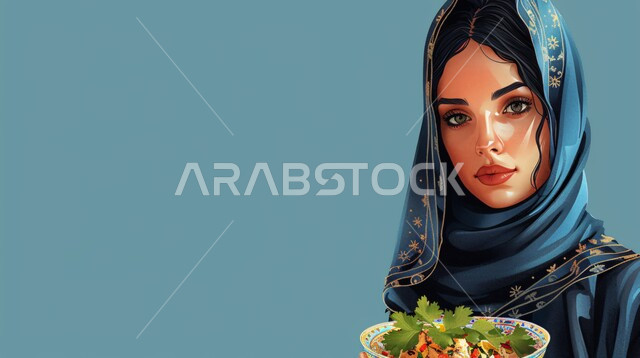 The concept of softness and femininity, concern for elegance and external appearance, an illustration of a Saudi Gulf Arab woman wearing a hijab and abaya and placing a healthy salad plate in front of her, gestures of self-confidence, blue background
