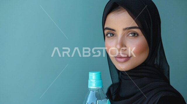 مفهوم النعومة والانوثة، الاهتمام بالأناقة والمظهر الخارجي، بورتريه مقرب لإمرأة عربية خليجية سعودية  ترتدي حجاب وعباءة وتحمل بيدها زجاجة ماء,  إيماءات الثقة بالنفس, خلفية زرقاء