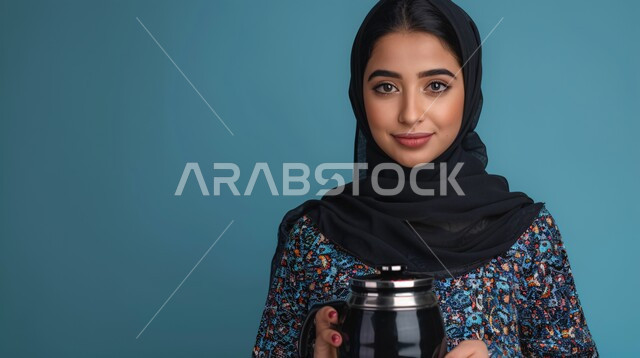 مفهوم النعومة والانوثة، الاهتمام بالأناقة والمظهر الخارجي، بورتريه مقرب لإمرأة عربية خليجية سعودية  ترتدي حجاب وعباءة وتحمل بيدها كوب قهوة,  إيماءات الثقة بالنفس, خلفية زرقاء