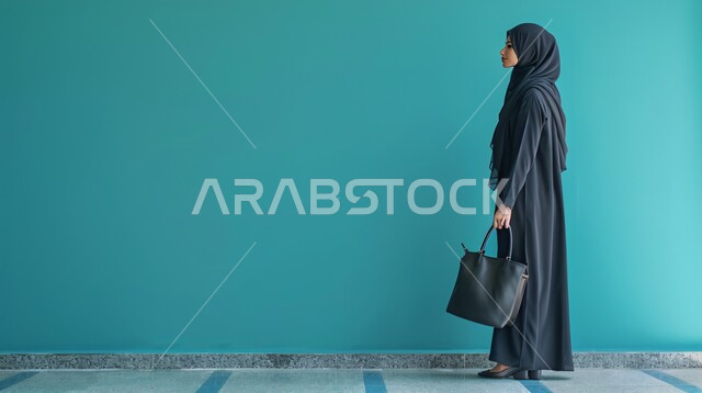The concept of elegance and femininity, interest in elegance and external appearance, a side portrait of a Saudi Gulf Arab woman wearing a hijab and abaya, gestures of self-confidence, full-length body, blue background