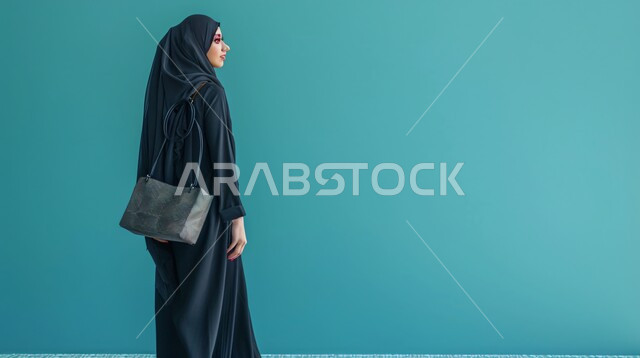 The concept of elegance and femininity, interest in elegance and external appearance, a side portrait of a Saudi Gulf Arab woman wearing a hijab and abaya, gestures of self-confidence, full-length body, blue background