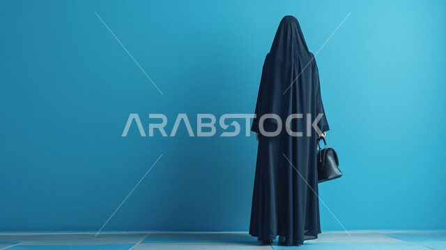 The concept of elegance and femininity, interest in elegance and external appearance, a portrait from the back of a Saudi Arabian Gulf woman wearing a hijab and abaya, full-length body portrait, blue background