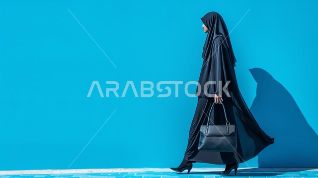 The concept of elegance and femininity, interest in elegance and external appearance, a side portrait of a Saudi Gulf Arab woman wearing a hijab and abaya, gestures of self-confidence, full-length body, blue background