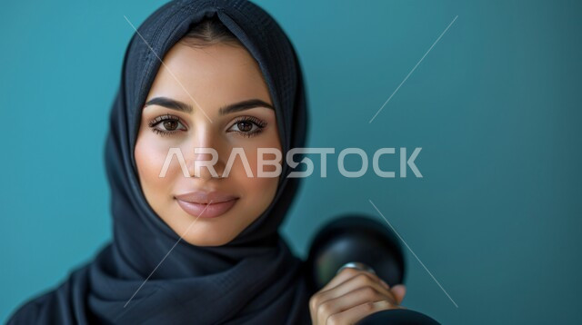 القوة والتحدي والتحفيز لأسلوب حياة صحي، تقوية عضلات الجسم وبناؤها، تمارين رفع الأثقال، بورتريه مقربة لفتاة عربية خليجية سعودية محجبة، يمارس التمارين الرياضية مع الدمبلز، نشاط بدني للمحافظة على الصحة واللياقة الجسدية، رفع الأوزان الحديدية الثقيلة, خلفية ازرق