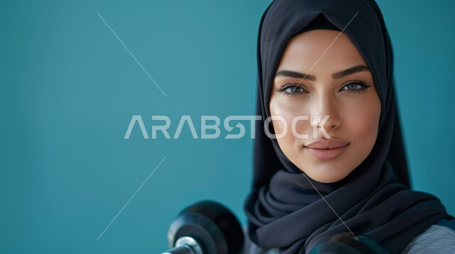 القوة والتحدي والتحفيز لأسلوب حياة صحي، تقوية عضلات الجسم وبناؤها، تمارين رفع الأثقال، بورتريه مقربة لفتاة عربية خليجية سعودية محجبة، يمارس التمارين الرياضية مع الدمبلز، نشاط بدني للمحافظة على الصحة واللياقة الجسدية، رفع الأوزان الحديدية الثقيلة, خلفية ازرق