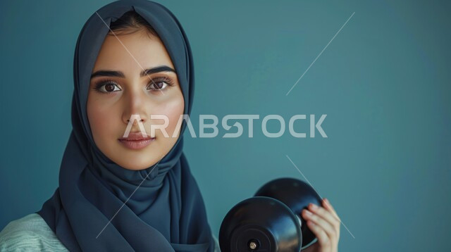 القوة والتحدي والتحفيز لأسلوب حياة صحي، تقوية عضلات الجسم وبناؤها، تمارين رفع الأثقال، بورتريه مقربة لفتاة عربية خليجية سعودية محجبة، يمارس التمارين الرياضية مع الدمبلز، نشاط بدني للمحافظة على الصحة واللياقة الجسدية، رفع الأوزان الحديدية الثقيلة, خلفية ازرق