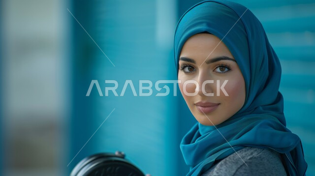 Strength, challenge and motivation for a healthy lifestyle, strengthening and building body muscles, weight lifting exercises, close-up portrait of a veiled Saudi Gulf Arab girl, exercising with dumbbells, physical activity to maintain health and physical fitness, lifting heavy iron weights, blue background