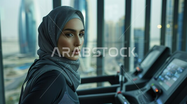 القوة والتحدي والتحفيز لأسلوب حياة صحي، تقوية عضلات الجسم وبناؤها، تمارين المشي والسير، صورة مقربة لفتاة عربية خليجية سعودية محجبة، تمارس التمارين الرياضية، نشاط بدني للمحافظة على الصحة واللياقة الجسدية