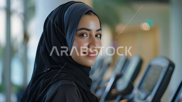 القوة والتحدي والتحفيز لأسلوب حياة صحي، تقوية عضلات الجسم وبناؤها، تمارين المشي والسير، صورة مقربة لفتاة عربية خليجية سعودية محجبة، تمارس التمارين الرياضية، نشاط بدني للمحافظة على الصحة واللياقة الجسدية