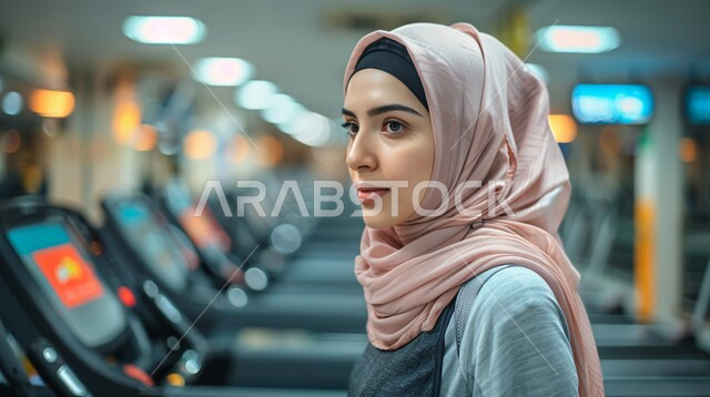 القوة والتحدي والتحفيز لأسلوب حياة صحي، تقوية عضلات الجسم وبناؤها، تمارين المشي والسير، صورة مقربة لفتاة عربية خليجية سعودية محجبة، تمارس التمارين الرياضية، نشاط بدني للمحافظة على الصحة واللياقة الجسدية