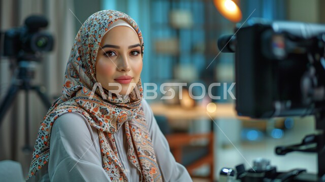 مفهوم الأنوثة والنعومة، ملابس محجبات عصرية راقية، الاهتمام بالمظهر الخارجي والأناقة، صورة مقربة لامرأة عربية خليجية سعودية محجبة تنظر إلى الكاميرا بايماءات الثقة بالنفس والسرور وبجانبها كاميرا تصوير عالية الدقة