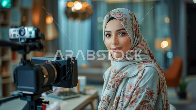 مفهوم الأنوثة والنعومة، ملابس محجبات عصرية راقية، الاهتمام بالمظهر الخارجي والأناقة، صورة مقربة لامرأة عربية خليجية سعودية محجبة تنظر إلى الكاميرا بايماءات الثقة بالنفس والسرور وبجانبها كاميرا تصوير عالية الدقة