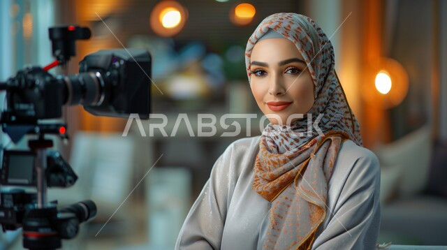 مفهوم الأنوثة والنعومة، ملابس محجبات عصرية راقية، الاهتمام بالمظهر الخارجي والأناقة، صورة مقربة لامرأة عربية خليجية سعودية محجبة تنظر إلى الكاميرا بايماءات الثقة بالنفس والسرور وبجانبها كاميرا تصوير عالية الدقة
