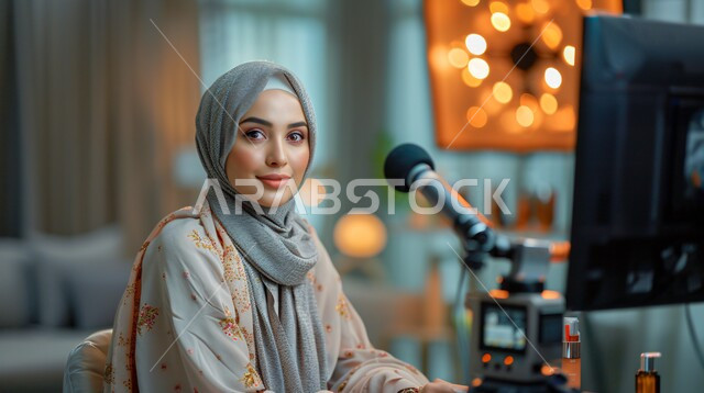 مفهوم الأنوثة والنعومة، ملابس محجبات عصرية راقية، الاهتمام بالمظهر الخارجي والأناقة، صورة مقربة لامرأة عربية خليجية سعودية محجبة تنظر إلى الكاميرا بايماءات الثقة بالنفس والسرور وبجانبها مايك تسجيل عالي الدقة