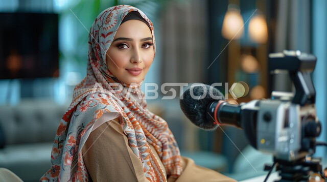 مفهوم الأنوثة والنعومة، ملابس محجبات عصرية راقية، الاهتمام بالمظهر الخارجي والأناقة، صورة مقربة لامرأة عربية خليجية سعودية محجبة تنظر إلى الكاميرا بايماءات الثقة بالنفس والسرور وبجانبها مايك تسجيل عالي الدقة