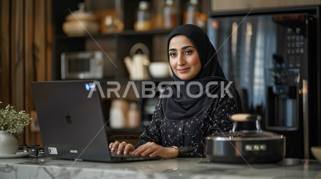 The concept of working in offices and companies, sophisticated modern veiled clothing, attention to external appearance and elegance, a close-up image of a veiled Saudi Gulf Arab woman looking at the camera with gestures of self-confidence and pleasure and placing a laptop in front of her