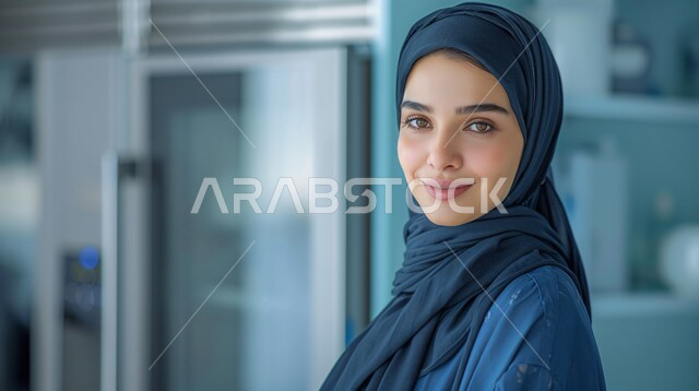 مفهوم الانوثة والنعومة، ملابس محجبات عصرية راقية، الاهتمام بالمظهر الخارجي والأناقة، صورة مقربة لامرأة عربية خليجية سعودية محجبة تنظر إلى الكاميرا بايماءات الثقة بالنفس والسرور