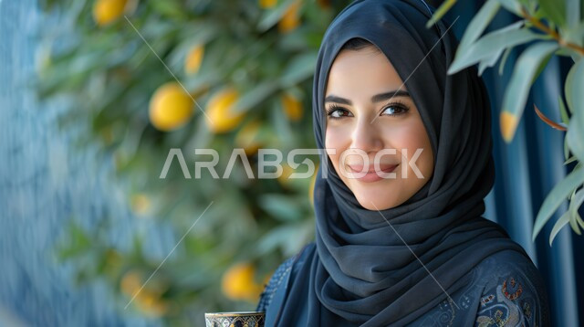 مفهوم الانوثة والنعومة، ملابس محجبات عصرية راقية، الاهتمام بالمظهر الخارجي والأناقة، صورة مقربة لامرأة عربية خليجية سعودية محجبة تنظر إلى الكاميرا بايماءات الثقة بالنفس والسرور