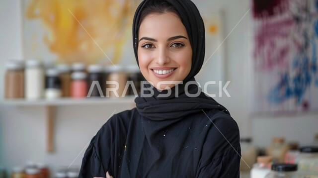 مفهوم الانوثة والنعومة، ملابس محجبات عصرية راقية، الاهتمام بالمظهر الخارجي والأناقة، صورة مقربة لامرأة عربية خليجية سعودية محجبة تنظر إلى الكاميرا بايماءات الثقة بالنفس والسرور