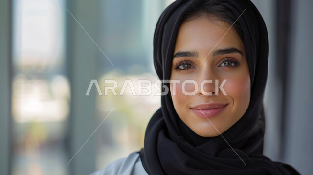 مفهوم الانوثة والنعومة، ملابس محجبات عصرية راقية، الاهتمام بالمظهر الخارجي والأناقة، صورة مقربة لامرأة عربية خليجية سعودية محجبة تنظر إلى الكاميرا بايماءات الثقة بالنفس والسرور