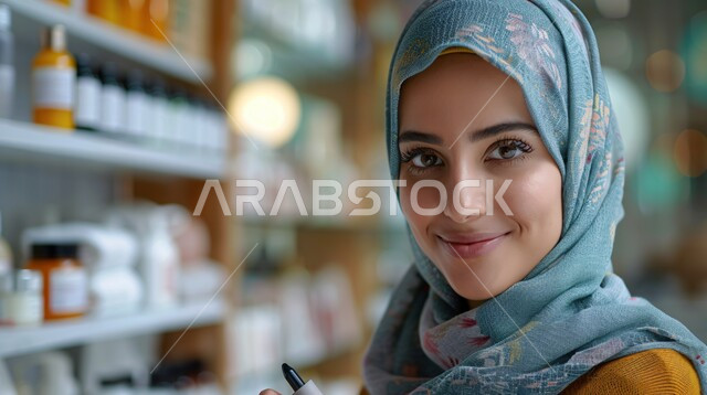 مفهوم الانوثة والنعومة، ملابس محجبات عصرية راقية، الاهتمام بالمظهر الخارجي والأناقة، صورة مقربة لامرأة عربية خليجية سعودية محجبة تنظر إلى الكاميرا بايماءات الثقة بالنفس والسرور