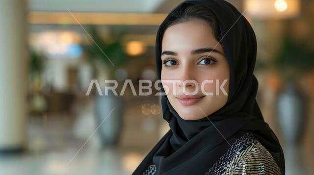 مفهوم الانوثة والنعومة، ملابس محجبات عصرية راقية، الاهتمام بالمظهر الخارجي والأناقة، صورة مقربة لامرأة عربية خليجية سعودية محجبة تنظر إلى الكاميرا بايماءات الثقة بالنفس والسرور