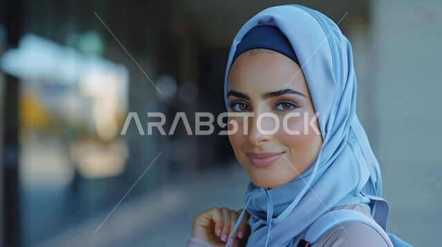 مفهوم الانوثة والنعومة، ملابس محجبات عصرية راقية، الاهتمام بالمظهر الخارجي والأناقة، صورة مقربة لامرأة عربية خليجية سعودية محجبة تنظر إلى الكاميرا بايماءات الثقة بالنفس والسرور