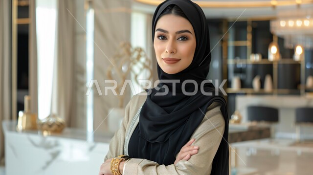 مفهوم الانوثة والنعومة، ملابس محجبات عصرية راقية، الاهتمام بالمظهر الخارجي والأناقة، صورة مقربة لامرأة عربية خليجية سعودية محجبة تنظر إلى الكاميرا بايماءات الثقة بالنفس والسرور