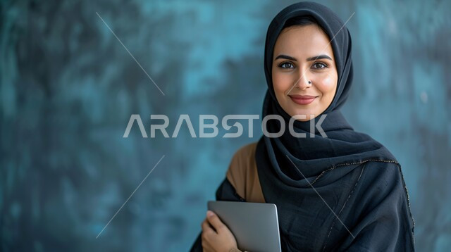 ملابس محجبات عصرية راقية، مفهوم الانوثة والنعومة،  الاهتمام بالمظهر الخارجي والأناقة، صورة مقربة لامرأة عربية خليجية سعودية محجبة تنظر إلى الكاميرا بايماءات الثقة بالنفس والسرور وتحمل بيدها جهاز تابليت